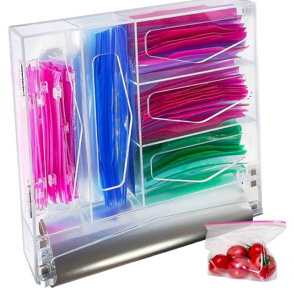Plastic storage organizer with built in cutter